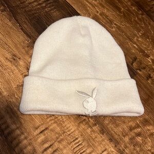 white knit playboy beanie